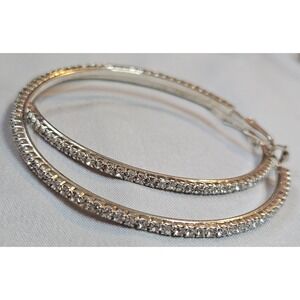 Large Silver Tone Rhinestone Hoop Earrings Latch Back Glam Statement Jewelry